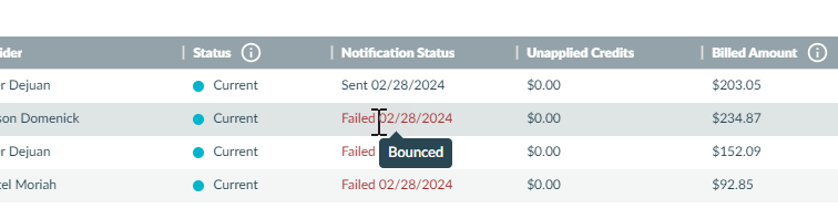 A screenshot of the patient billing page with information about notification statuses.