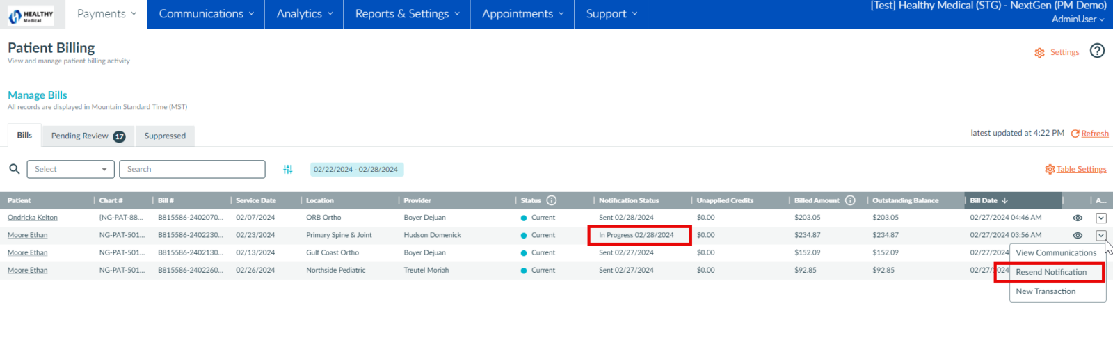 A screenshot of the patient billing page with information about notification statuses.