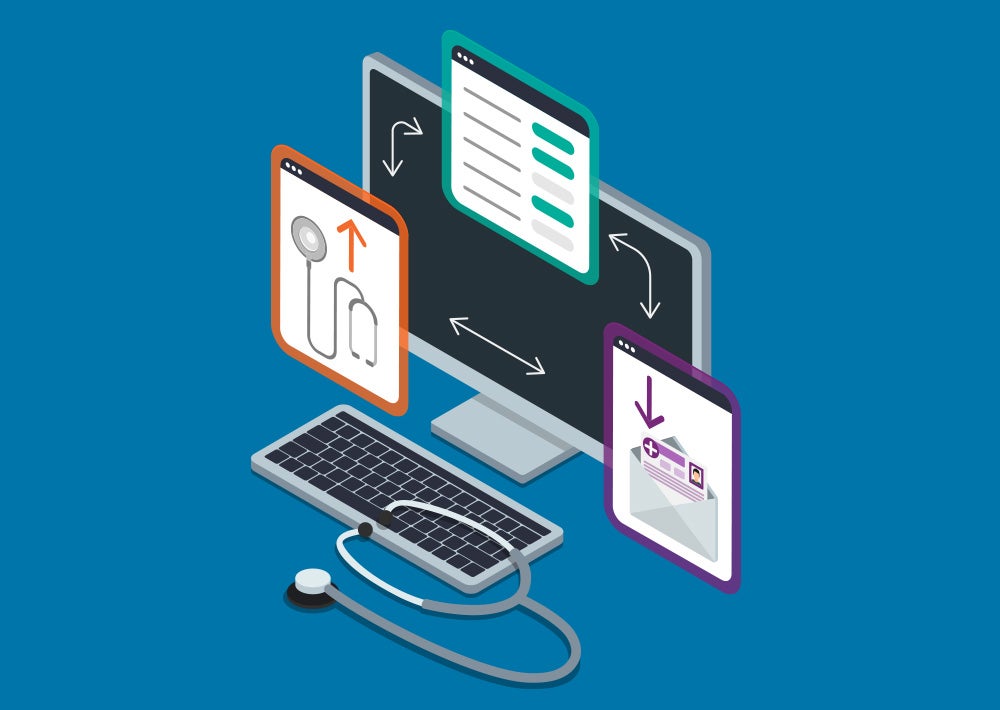 A desktop computer with arrows pointing to multiple window overlays: one with a stethoscope, one with an ID in an envelope, and one with generic documentation. There is also a stethoscope laying on the keyboard.