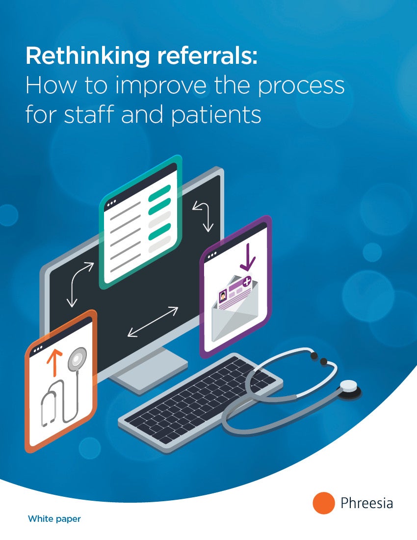A desktop computer with arrows pointing to multiple window overlays: one with a stethoscope, one with an ID in an envelope, and one with generic documentation. There is also a stethoscope laying on the keyboard. In the top-left, there is a text overlay that says "Rethinking referrals: How to improve the process for staff and patients"