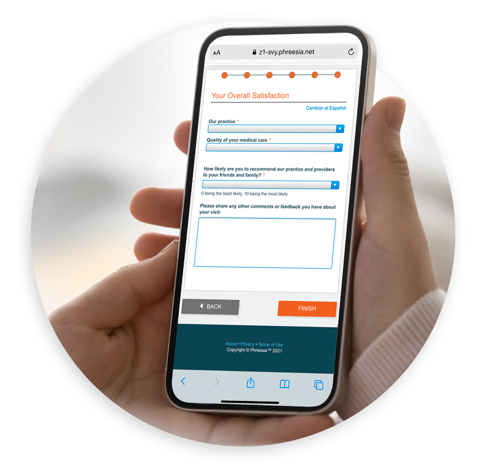 Close up of a patient completing Phreesia's patient satisfaction survey on mobile