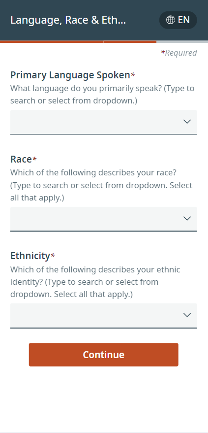 A screenshot of the race, ethnicity and language form.