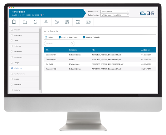 Screenshot of EHR and PM system screen on desktop computer