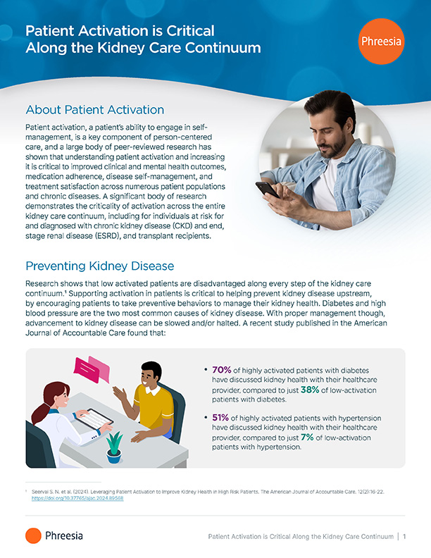 Infographic showing patient activation's importance in kidney care, featuring a man reviewing health information and statistics on how highly activated patients discuss kidney health more with healthcare providers