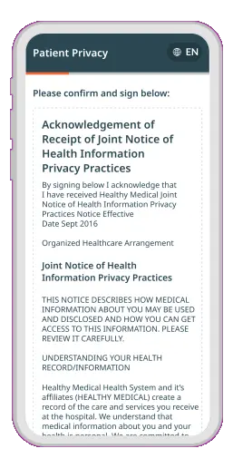 STATIC -- Patient privacy consent form being signed on mobile phone