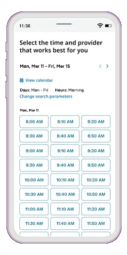 STATIC - Choosing an appointment date and time on self-scheduling mobile screen
