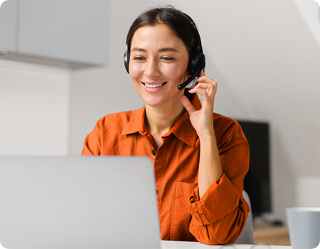 Girl in support role talking to someone on headset