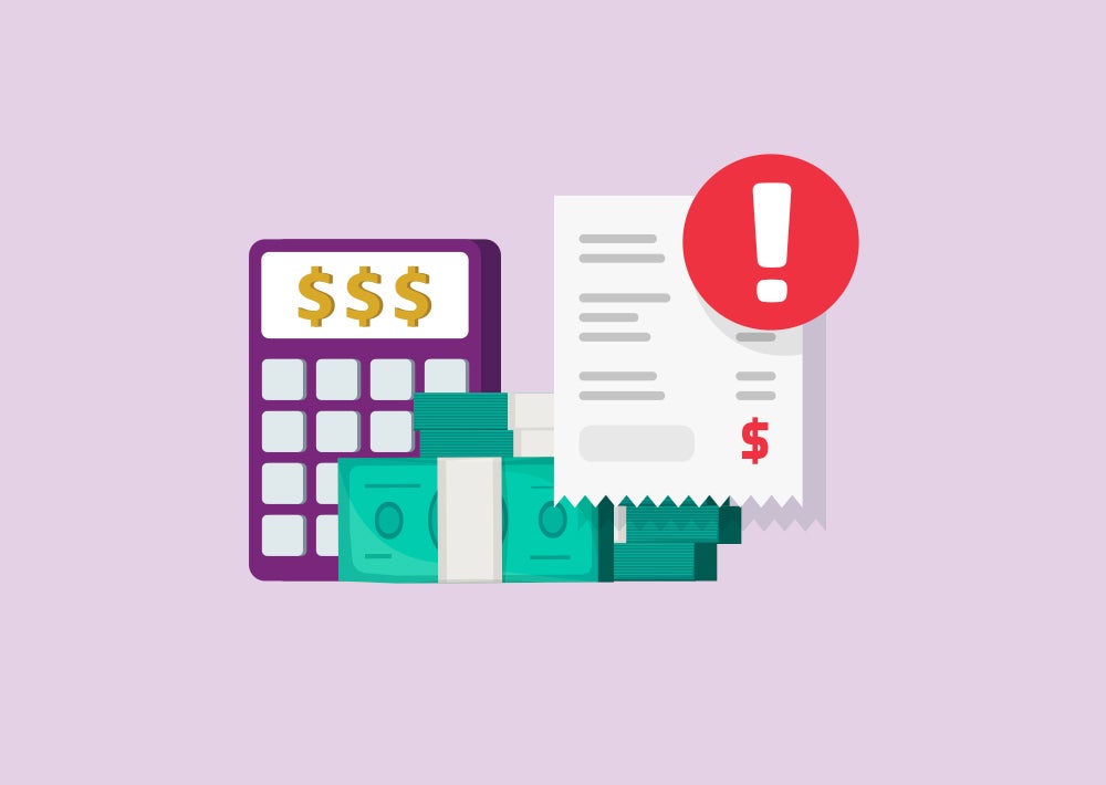 Illustration of calculator and bill with exclamation point