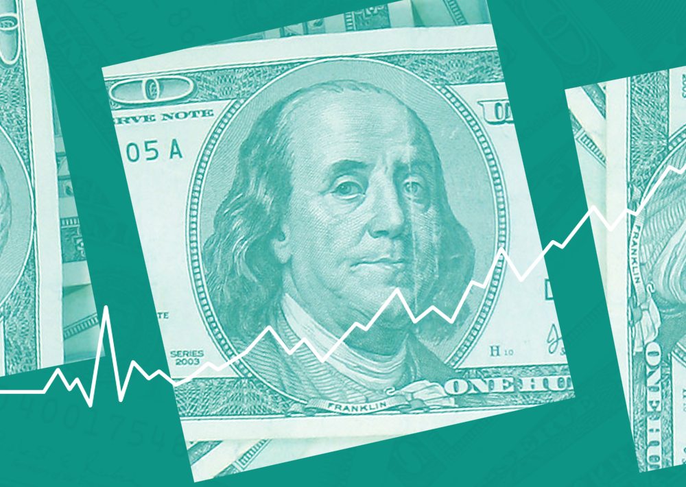 line graph overlayed on image of money