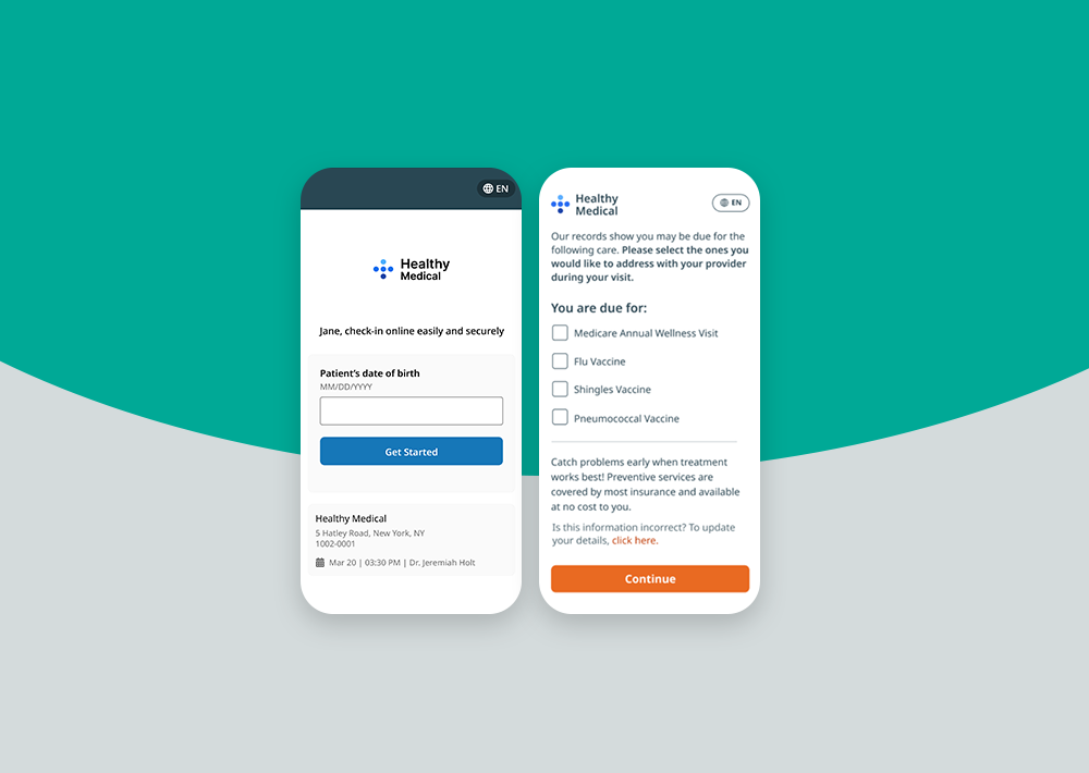 Phreesia patient check-in screens on phone