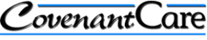 Covenant Care logo with black script text and blue horizontal lines above and below