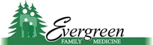 Evergreen Family Medicine logo featuring three green evergreen trees above the company name in script lettering with a green banner