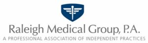 Raleigh Medical Group, P.A. logo with blue shield containing a medical cross symbol and tagline "A professional association of independent practices
