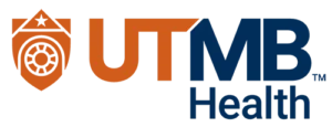 UTMB Health logo featuring an orange shield with a wheel icon and "UTMB" text in orange and navy blue