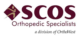 SCOS Orthopedic Specialists logo featuring a geometric diamond shape with the company name and "a division of OrthoWest" tagline in maroon text