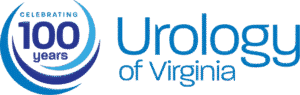 Celebrating 100 years logo for Urology of Virginia, featuring a circular blue design with concentric rings and the organization name in blue text