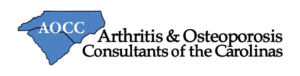 AOCC logo featuring a blue silhouette of North Carolina with "AOCC" text, next to "Arthritis & Osteoporosis Consultants of the Carolinas