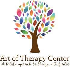Art of Therapy Center logo featuring a brown tree trunk with colorful leaves in pink, purple, blue, green, and yellow, with text reading "Art of Therapy Center" and tagline "A holistic approach to healing with art