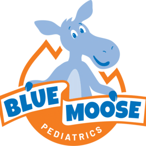 Blue Moose Pediatrics logo featuring a friendly blue moose illustration with orange banner elements and text reading "Blue Moose Pediatrics