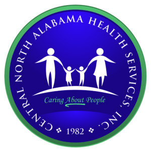 Central North Alabama Health Services seal featuring a family silhouette with the motto "Caring About People," established 1982