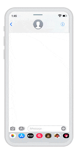 iPhone screen showing a messaging interface with a user profile icon at the top, empty message area, and app icons at the bottom including camera, emoji, and messaging apps