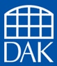 DAK logo featuring a white grid window design above the letters "DAK" on a blue background