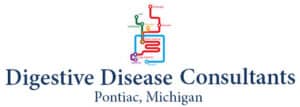 Digestive Disease Consultants logo featuring colorful medical icons and text for their Pontiac, Michigan practice