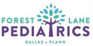 Forest Lane Pediatrics logo featuring a stylized tree with teal and blue leaves and purple trunk, text reading "Forest Lane Pediatrics" with "Dallas • Plano" below