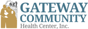 Gateway Community Health Center, Inc. logo with silhouette of family figures and architectural element in gold, text in teal blue