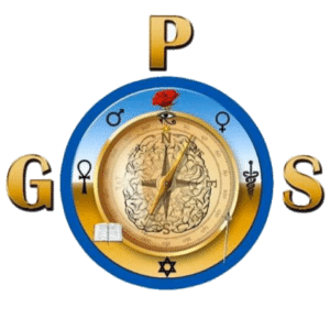 Global Psychiatric Services logo featuring a compass with a brain illustration at center, surrounded by medical and spiritual symbols including male/female signs, caduceus, Star of David, rose, and book