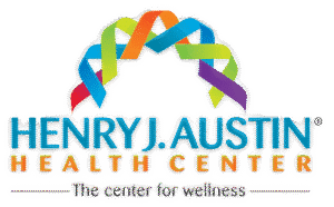 Henry J. Austin Health Center logo featuring colorful interlocking ribbons above text reading "The center for wellness
