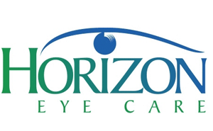Horizon Eye Care logo featuring green text with a blue eye symbol and curved arc above it