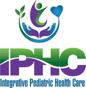 Integrative Pediatric Health Care logo featuring a stylized figure with outstretched arms, a heart symbol, plant leaves, and supporting hands in green, purple, and blue colors