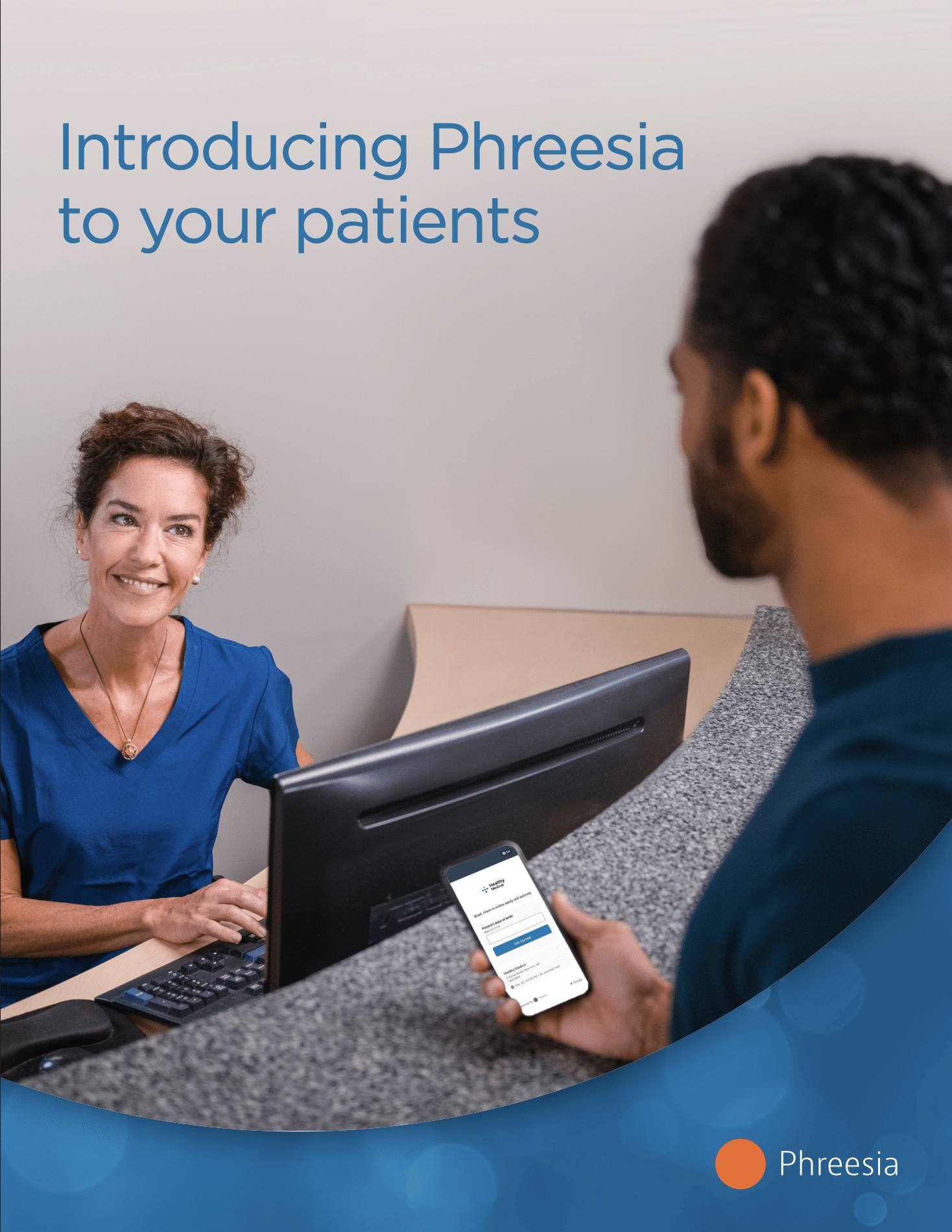 Healthcare provider in blue scrubs smiling at patient holding smartphone displaying Phreesia app at medical office desk, with text "Introducing Phreesia to your patients