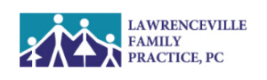 Lawrenceville Family Practice, PC logo featuring a stylized family silhouette under a roof in teal and white