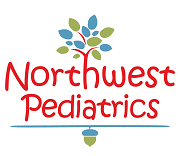 Northwest Pediatrics logo featuring colorful leaf design above red text with a small green heart below