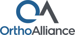 OrthoAlliance logo featuring a blue circular shape and gray triangle forming abstract letters, with company name in blue and gray text below