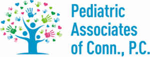 Pediatric Associates of Connecticut, P.C. logo featuring a stylized blue tree with colorful handprints and leaves, accompanied by the company name in blue text