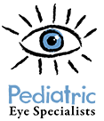 Pediatric Eye Specialists logo featuring a blue eye icon with radiating lashes and the text "Pediatric Eye Specialists" in blue below