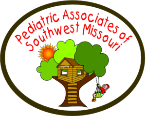Logo for Pediatric Associates of Southwest Missouri featuring a treehouse with a child on a rope swing, surrounded by green foliage and a sun