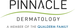 Pinnacle Dermatology logo with green curved line, stating "A member of the Qualderm family
