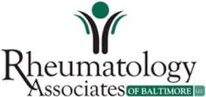Rheumatology Associates of Baltimore logo featuring a stylized figure with raised arms in teal and black with company name text