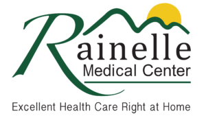 Rainelle Medical Center logo featuring a green stylized R with mountain silhouette and yellow sun, with tagline "Excellent Health Care Right at Home