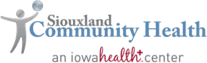Siouxland Community Health logo featuring a stylized gray figure with raised arms next to blue text reading "Siouxland Community Health" and "an iowa health center