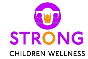 Strong Children Wellness logo featuring three stylized figures in purple and orange with raised arms inside a circular design, text reading "STRONG" in purple and orange with "CHILDREN WELLNESS" below in black