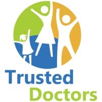 Trusted Doctors logo featuring colorful silhouettes of people and a doctor in a circular design with green, blue, yellow, and orange segments
