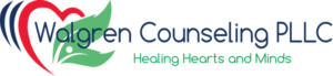 Walgren Counseling PLLC logo featuring a red heart with blue curved lines, green leaf design, and tagline "Healing Hearts and Minds