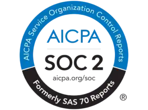 AICPA SOC 2 certification badge with blue and black circular design, indicating Service Organization Control Reports compliance, formerly SAS 70 Reports. Visit aicpa.org/soc
