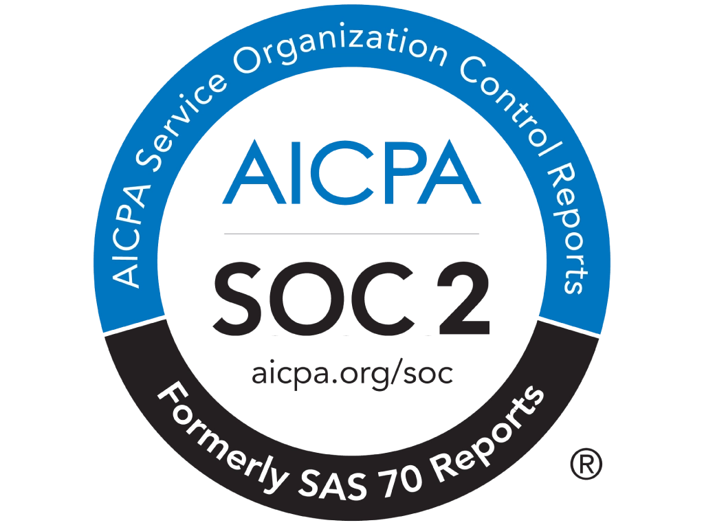 AICPA SOC 2 certification badge with blue and black circular design, indicating Service Organization Control Reports compliance, formerly SAS 70 Reports. Visit aicpa.org/soc
