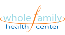 Whole Family Health Center logo with blue and orange text featuring a stylized leaf design